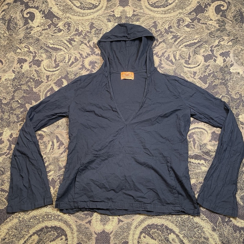 Vtg Y2K Juicy Couture Deep V Neck Hooded Top Womens Small Flow Sleeves Black